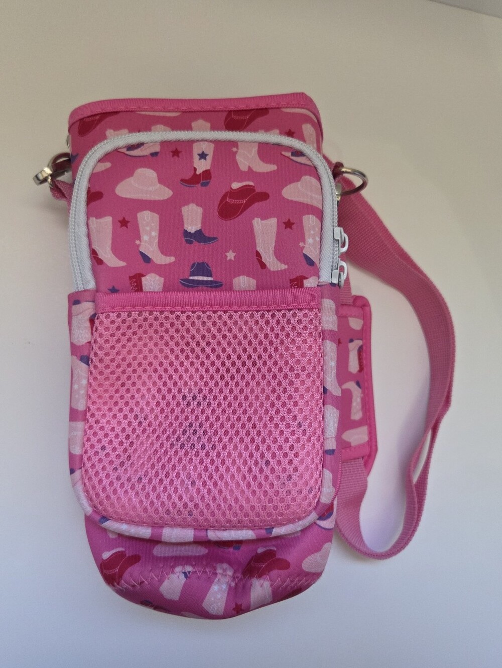 Neoprene Tumbler Sleeve Hot Pink Cowgirl Boot & Hat Print With Strap